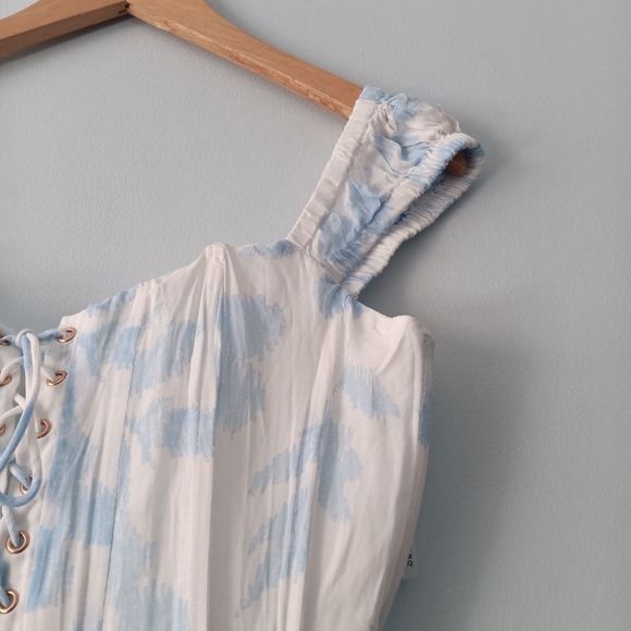 Sabo White Blue Watercolor Print Lace Up Corset Bustier Top Ruched Strap S - Picture 5 of 8